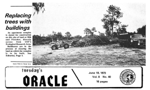 excerpt of an archived article from the June 19, 1972 Oracle on tearing down trees to make rooms for buildings on Fletcher Ave